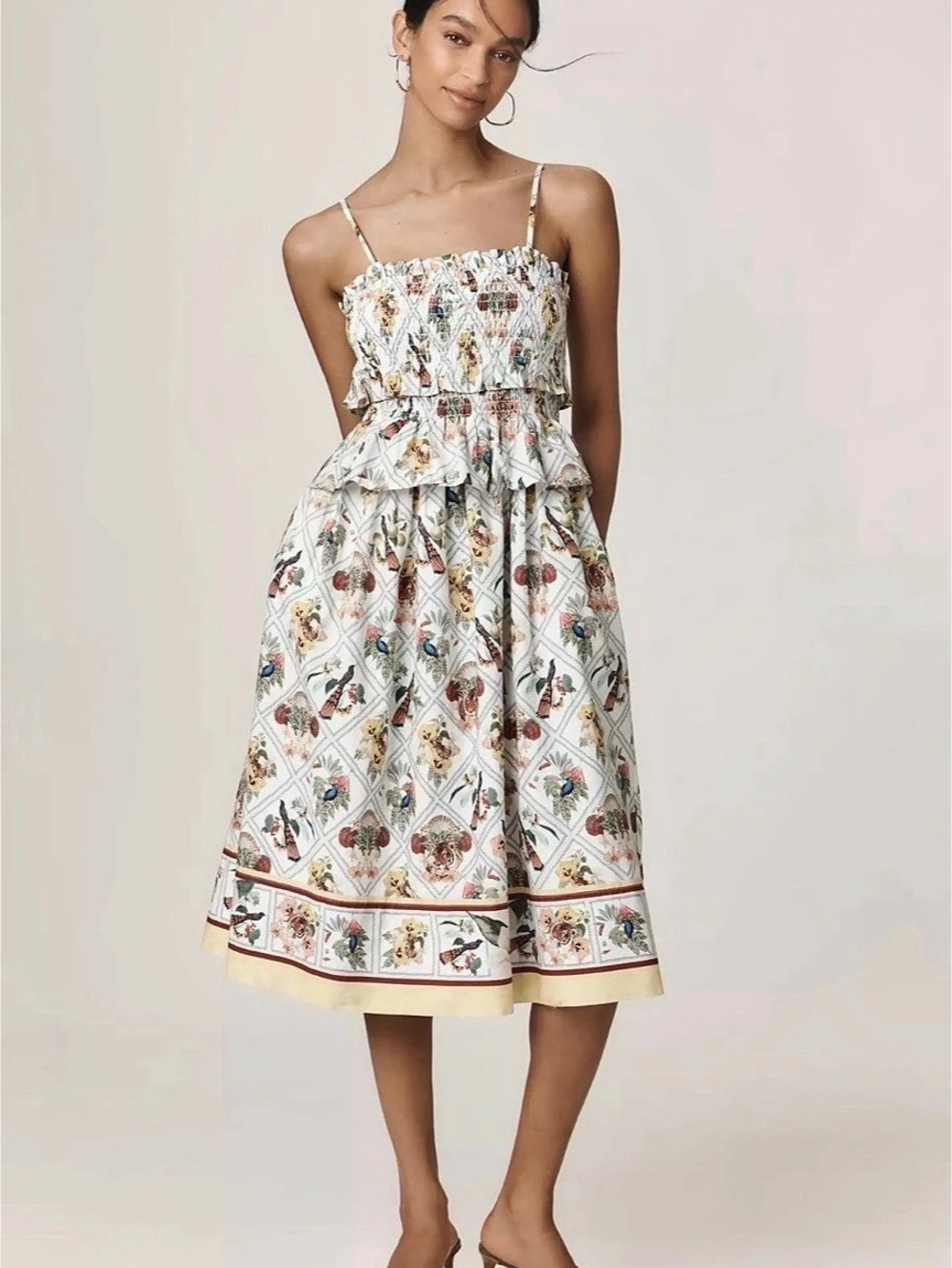 Anthropologie Smocked Peplum Animal Print Midi Dress Size Large